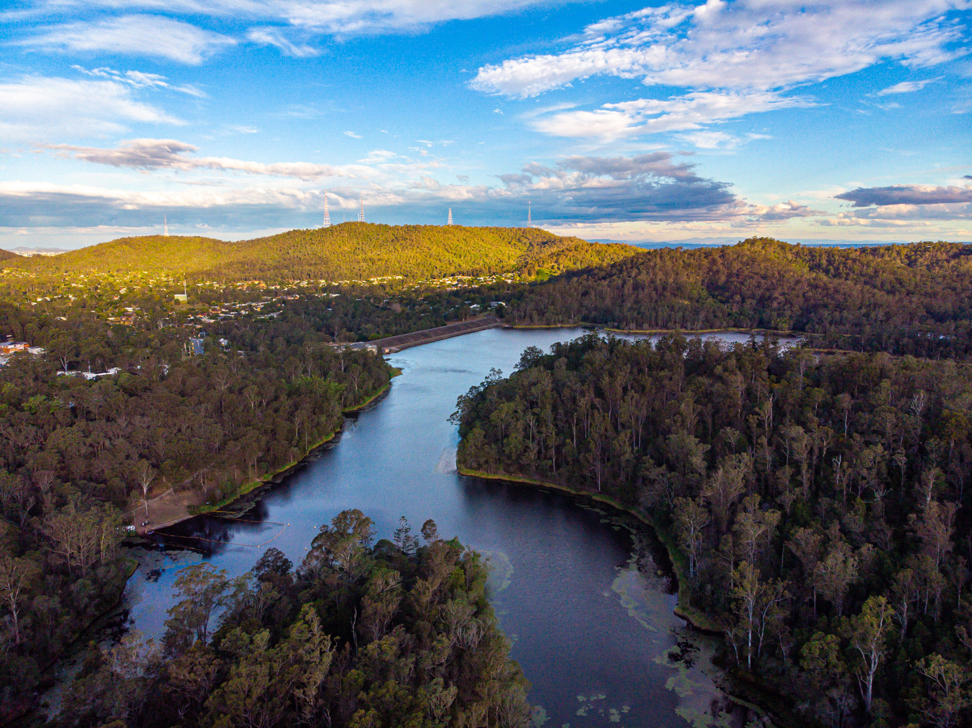 Drone aerial shot of Panorama of Enoggera Reservoir and Enogerra Dam